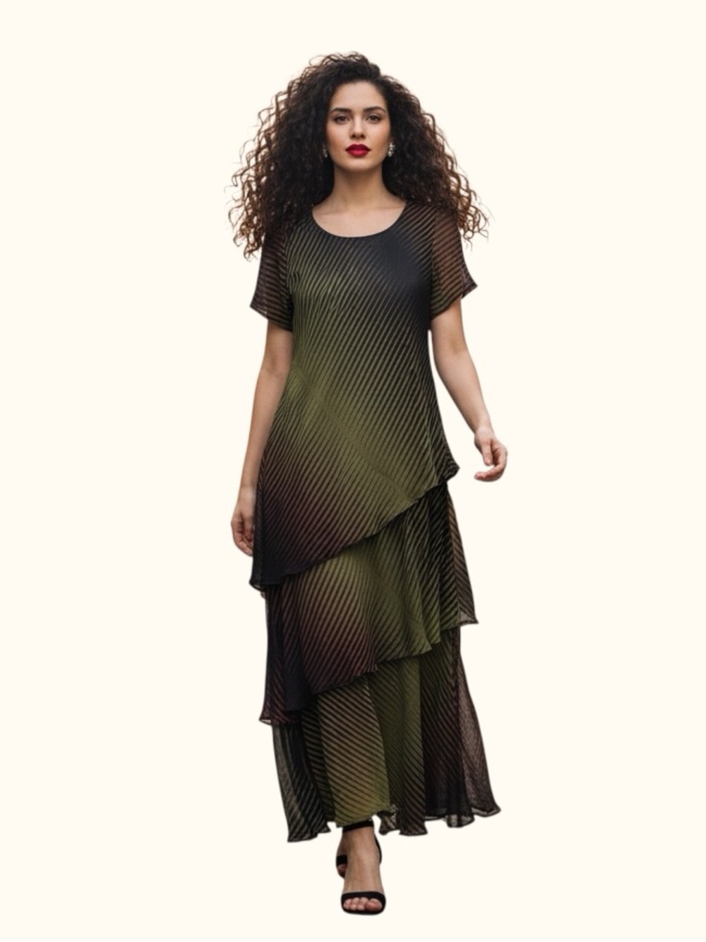 Vintage Nikky Green Brown Georgette Tiered Maxi Dress Size S